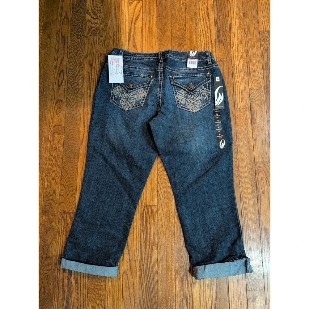 NWT Nine West Mid Rise Cuffed Capri Cropped Blue Denim Jeans Sz 6 / 28 Dark Wash